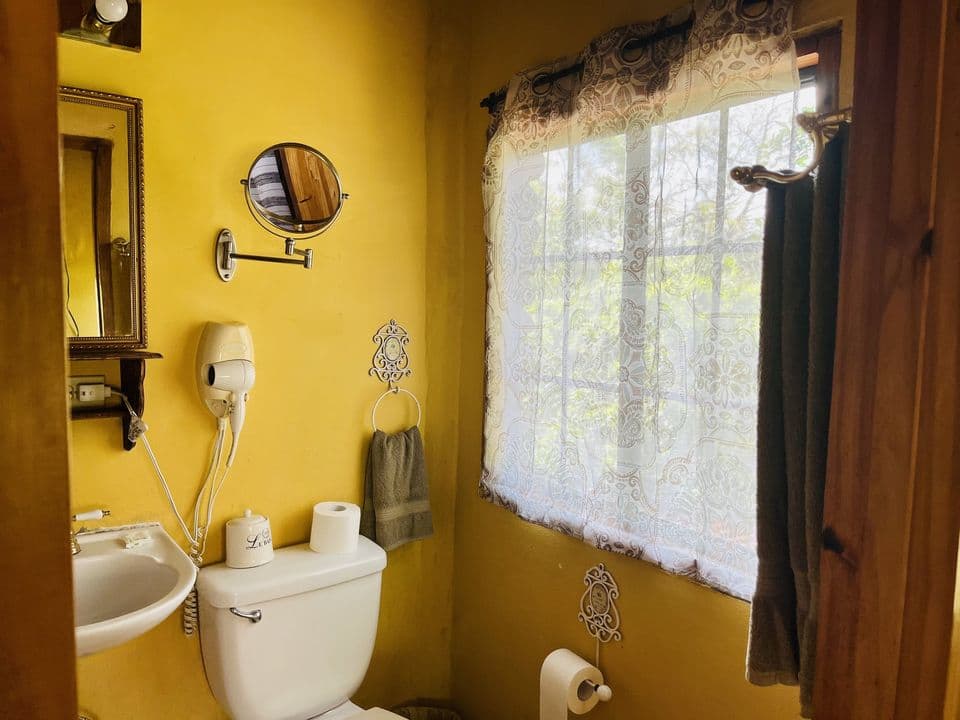El baño con secador de pelo y ventana al jardín